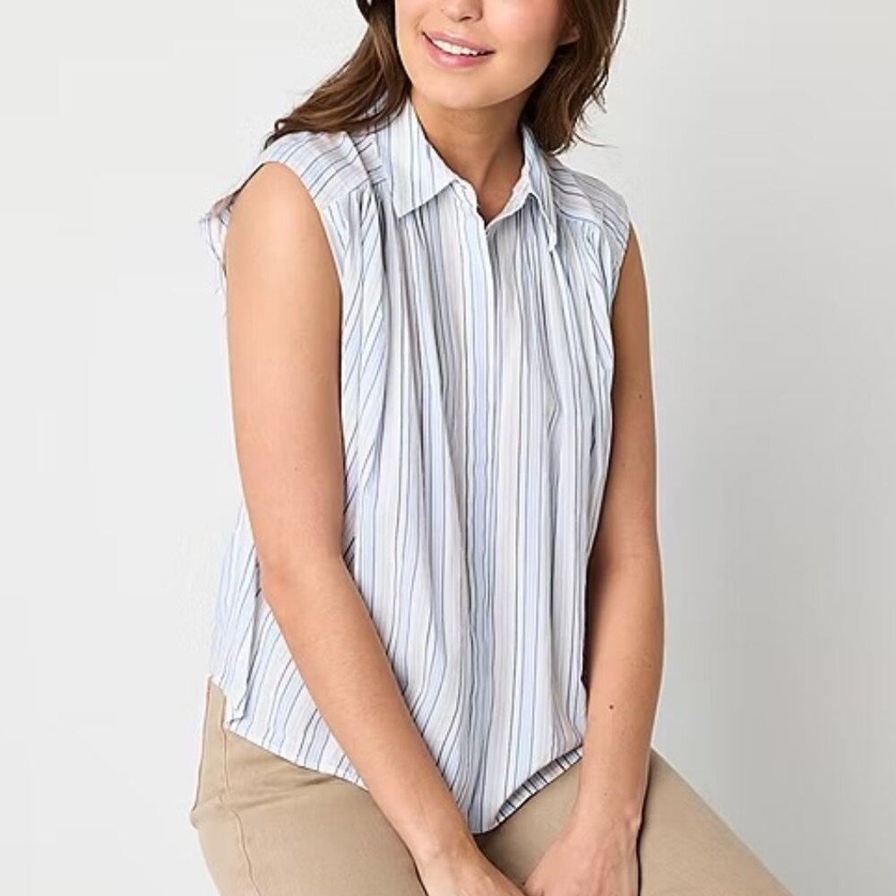 a.n.a. Sleeveless Regular Fit Button-Down Striped Shirt Size‎ L